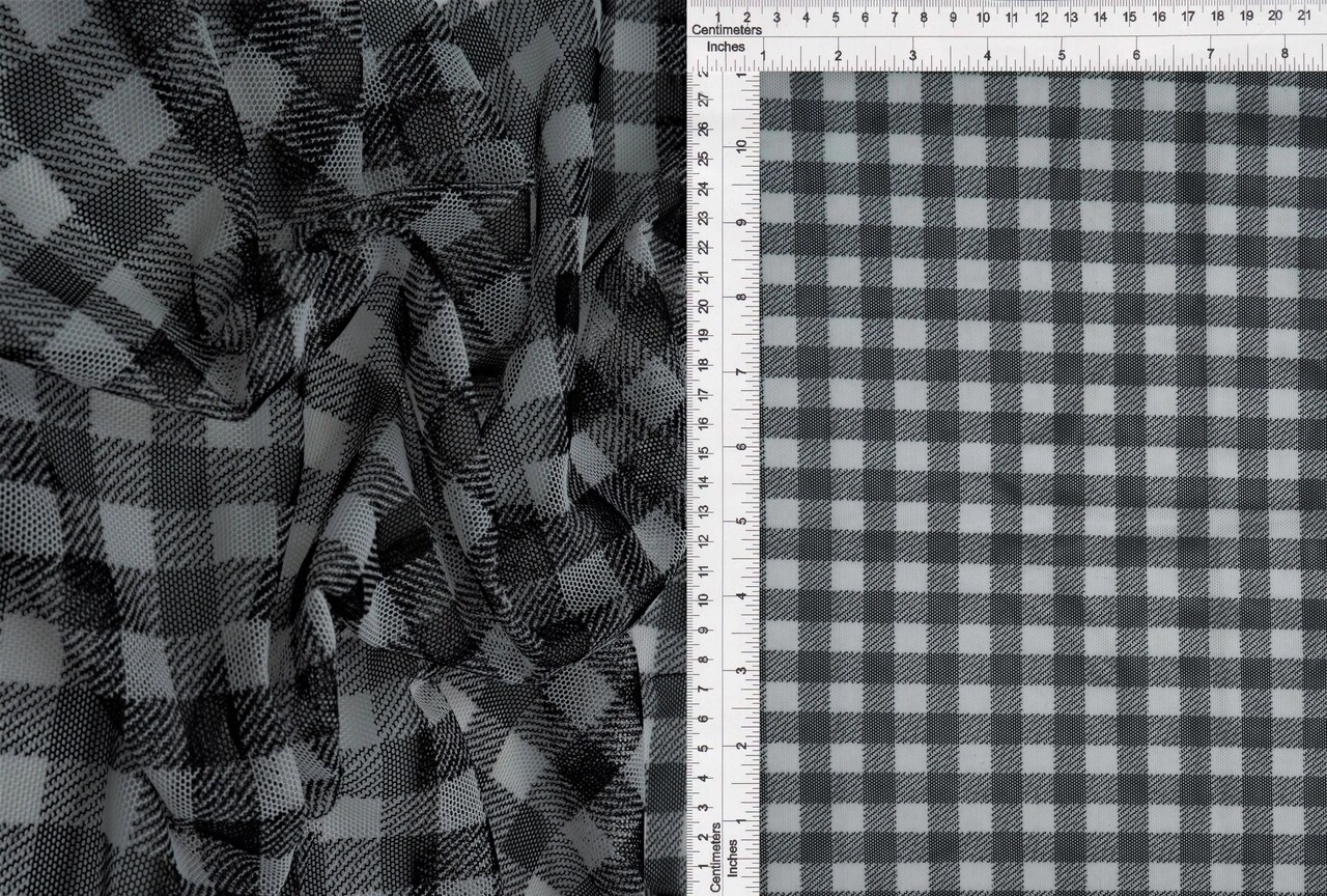 1 Yard Polyester Spandex 80 GSM Mesh Fabric, Plaid Gingham Checkered Print Lightweight 54" Width